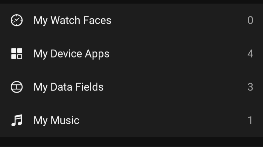 Connect IQ app menu showing My Watch Faces, My Device Apps, My Data Fields and My Music